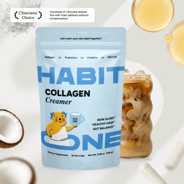 HabitONE Collagen Creamer pouch with iced coffee