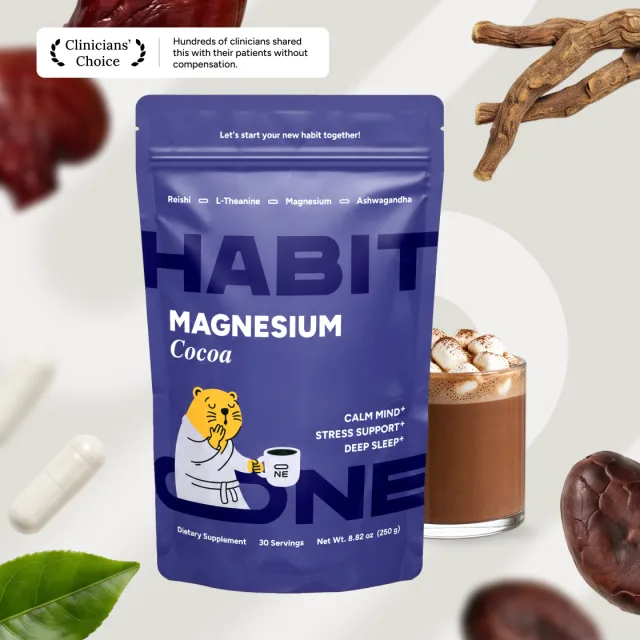 HabitONE Magnesium Cocoa pouch with a prepared cocoa drink