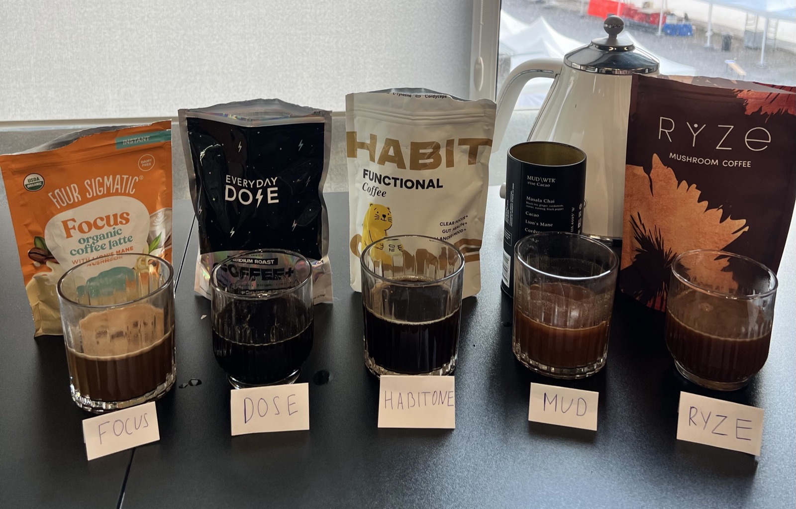 Five popular mushroom coffees prepared for comparison