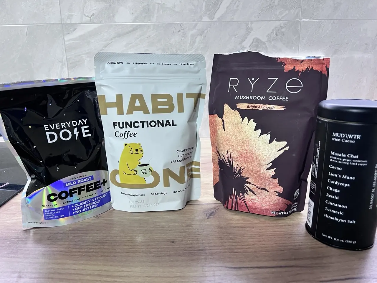 HabitONE, RYZE, MUD/WTR, and Everyday Dose coffee alternatives arranged together