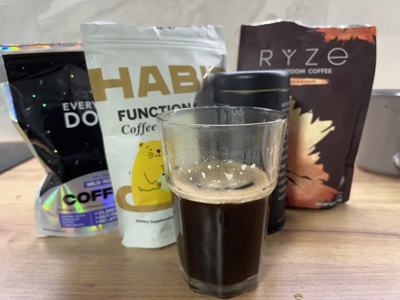 The four coffee alternatives tested: HabitONE, RYZE, MUD\WTR, and Everyday Dose