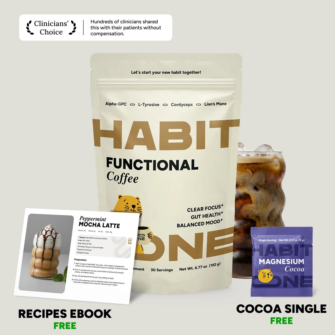 HabitONE Functional Coffee with an iced coffee, free recipe ebook and cocoa sample